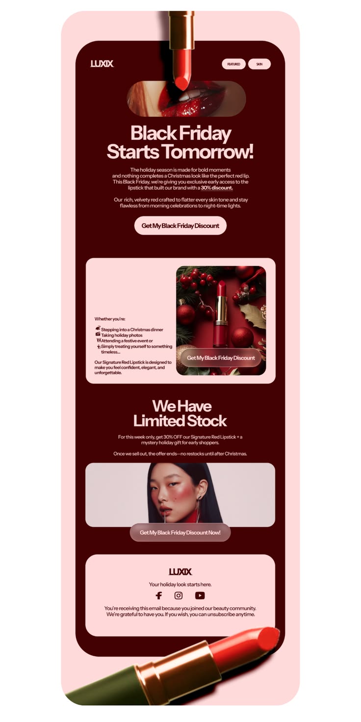 Luxix Black Friday Starts Tomorrow lipstick email design
