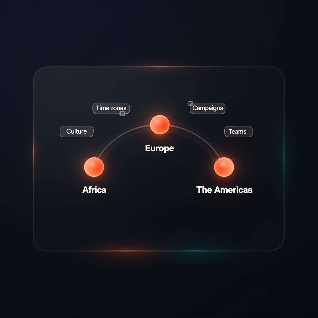 Abstract glowing timeline with three nodes labeled Africa, Europe, and The Americas