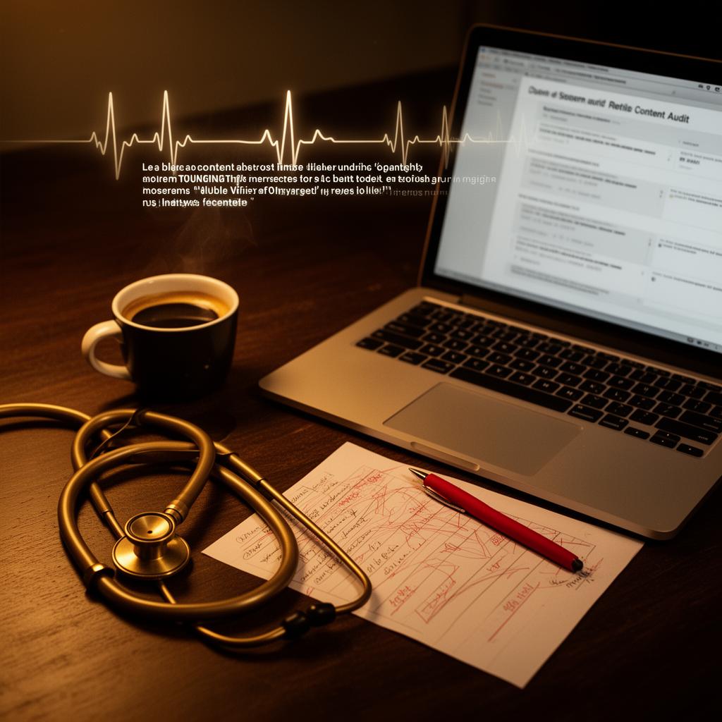 Warm desk still life with stethoscope, laptop showing a content audit, espresso cup, and notes
